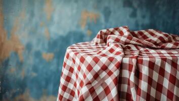 Red and white checkered tablecloth on a textured blue background perfect for rustic dining or event decor visuals photo