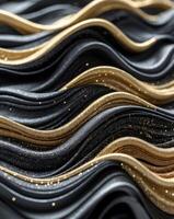 lujoso negro y oro reluciente olas con suave texturas foto
