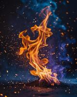 Vibrant Flames and Sparks Create a Dynamic Atmosphere in Dark SurroundingsVibrant Flames and Sparks Create a Dynamic Atmosphere in Dark Surroundings. photo