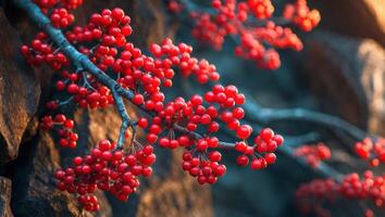 Vibrant red branches with berries on a textured background photo