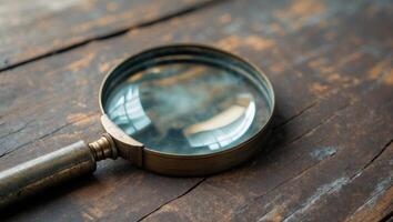 Magnifying glass on a rustic wooden surface symbolizing search engine optimization and digital marketing analysis photo
