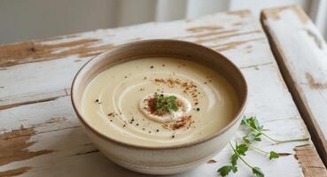 Creamy soup garnished with swirl and spices on rustic wooden table in cozy settingCreamy soup garnished with swirl and spices on rustic wooden table in cozy setting. photo