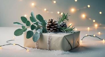 A neatly wrapped gift with natural decorations under the soft glow of string lights with a hint of frost clinging to the surfaces photo