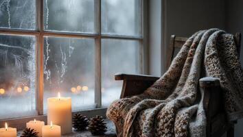 Cozy Winter Reflection Knitted Textures and Frosty Window with Candlelit Calm photo