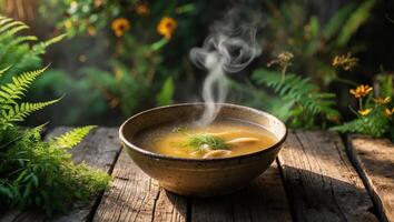 Aromatic chicken broth served in a bowl on a rustic wooden table surrounded by lush greenery in warm natural lighting photo