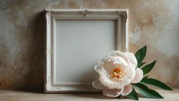 Elegant blank picture frame with peony flower on a textured background photo