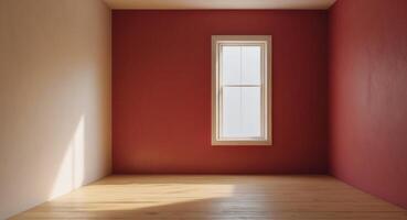 A sparsely furnished red room with a wooden floor and natural light streaming in through window creates a serene and inviting atmosphere photo