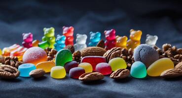 Assorted colorful candies and nuts on dark background photo