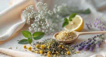 Relaxing afternoon with herbal ingredients and fresh flowers on soft fabric backgroundRelaxing afternoon with herbal ingredients and fresh flowers on soft fabric background. photo