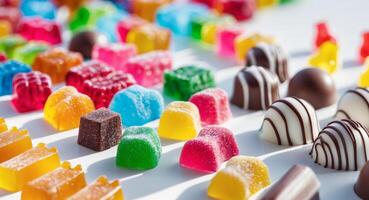 Colorful assorted candies and chocolates displayed in rows photo