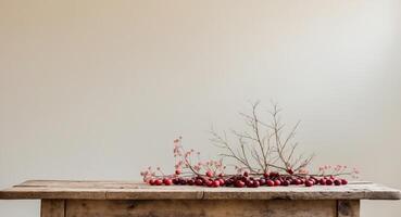 A rustic wooden table with a centerpiece of berries and branches photo