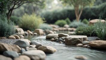 Serene Garden Water Feature with Rocks and StreamSerene Garden Water Feature with Rocks and Stream. photo