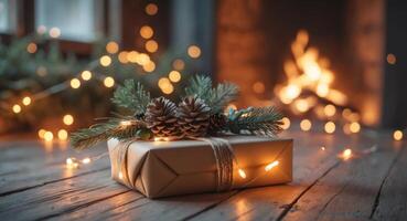 A neatly wrapped gift with natural decorations under the soft glow of string lights highlighted by the flickering glow of a fire photo