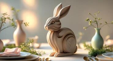Decorative wooden bunny centerpiece enhances festive table setting for spring celebration photo