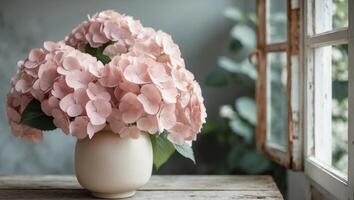 Beautiful pink hydrangeas in a white vase on a rustic wooden table by a window photo
