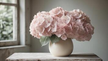 Beautiful pink hydrangeas in a white vase on a rustic wooden table by a windowBeautiful pink hydrangeas in a white vase on a rustic wooden table by a window. photo