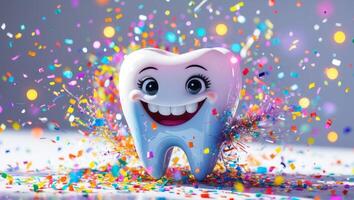 Cheerful animated tooth character celebrating joyfully amidst colorful confetti and sparkling lights photo