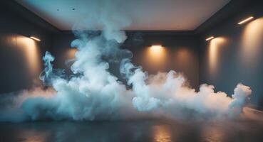A dimly lit room with swirling smoke creating an atmospheric backdrop photo