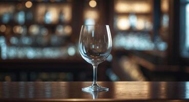 Empty wine glass sits on bar counter in a dimly lit bar photo