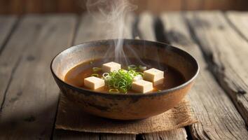 Traditional marriage soup served in a rustic bowl garnished with green onions and tofu on a wooden table setting photo