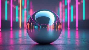 A Reflective Sphere Amidst Vibrant Neon LightsA Reflective Sphere Amidst Vibrant Neon Lights. photo
