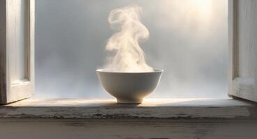 Steaming Bowl on Wooden Windowsill with Soft Natural Light Evoking Warmth and Tranquility photo