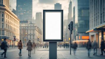 Blank white vertical digital billboard mockup poster on city street bus stop signBlank white vertical digital billboard mockup poster on city street bus stop sign. photo