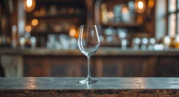 Empty Wine Glass On Bar Counter In Rustic SettingEmpty Wine Glass On Bar Counter In Rustic Setting. photo