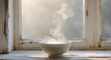 Steaming Bowl on Wooden Windowsill with Soft Natural Light Evoking Warmth and TranquilitySteaming Bowl on Wooden Windowsill with Soft Natural Light Evoking Warmth and Tranquility. photo