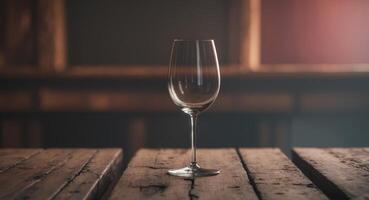 Empty Wine Glass on Wooden Table in Bar Setting photo