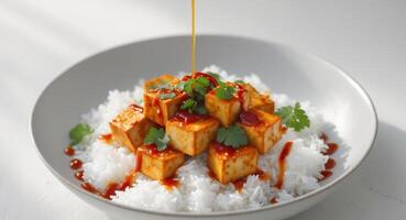 Spicy Tofu Cubes Served Over Rice With SauceSpicy Tofu Cubes Served Over Rice With Sauce. photo