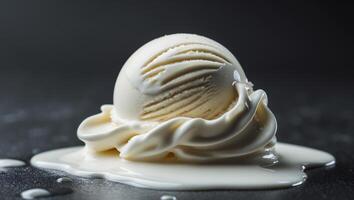 Creamy vanilla ice cream scoop melting on a dark backgroundCreamy vanilla ice cream scoop melting on a dark background. photo