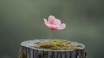 A single pink flower sitting on top of a tree stumpA single pink flower sitting on top of a tree stump. photo