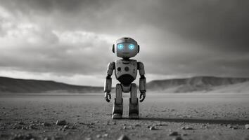 Small Robot Stands Alone In Desolate Landscape photo