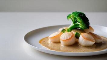 A white plate topped with scallops covered in sauce and broccoliA white plate topped with scallops covered in sauce and broccoli. photo