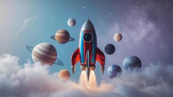 Colorful rocket ship display surrounded by planets and clouds in a cosmic setting Newborn backdrop photo