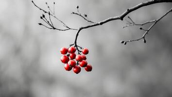 A bunch of red berries hanging from a tree branch photo