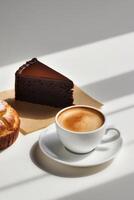a cup of espresso next to a slice of rich chocolate cake or a buttery pastrya cup of espresso next to a slice of rich chocolate cake or a buttery pastry. photo