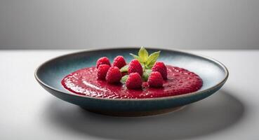 Bowl of vibrant raspberry sauce garnished with fresh raspberries on a dark plate for a delightful dessert experience photo