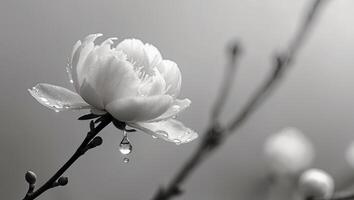 A single flower on a branch with a drop of water on it photo