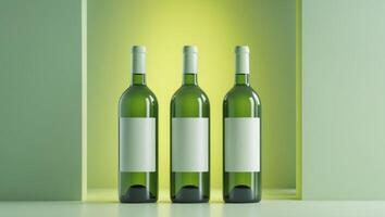 Three wine bottles with blank labels on a green backgroundThree wine bottles with blank labels on a green background. photo
