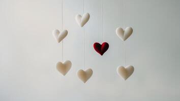 A string of hearts with one red heart and four white heartsA string of hearts with one red heart and four white hearts. photo