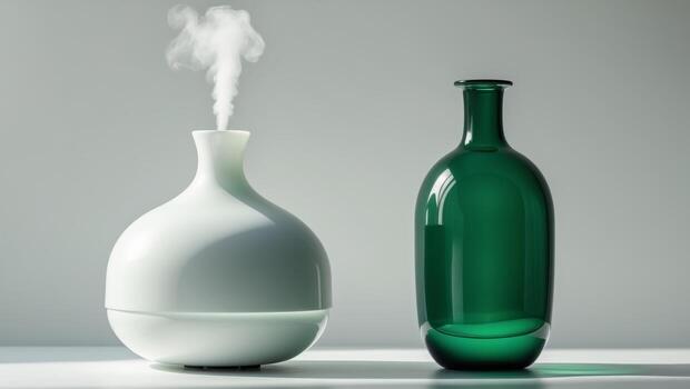 A white diffuser with a green bottle next to itA white diffuser with a green bottle next to it. photo