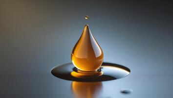 Captivating close up of a single amber droplet glistening on a reflective surface radiating a brilliant glow and casting mesmerizing reflections in a vibrant photo