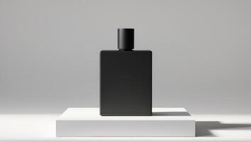 Black Rectangular Bottle on White Platform DisplayBlack Rectangular Bottle on White Platform Display. photo