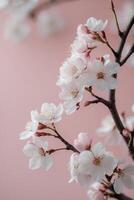 Cherry blossoms arranged beautifully on a soft pink background with delicate petals and branchesCherry blossoms arranged beautifully on a soft pink background with delicate petals and branches. photo