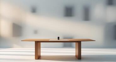 An empty wooden table in an abstract office setting provides ample space for showcasing a product in a montage presentation photo