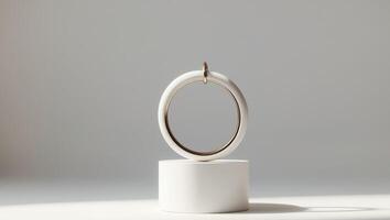 Elegant White Decor with Ring on Cylindrical Stand and Soft BackgroundElegant White Decor with Ring on Cylindrical Stand and Soft Background. photo
