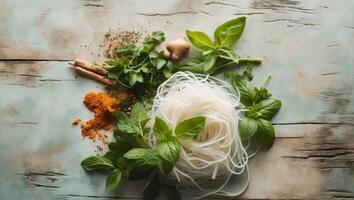 Fresh Rice Noodles with Green Herbs and Spices on a Rustic Background photo