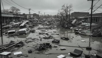 Chaos and loss in a flooded urban area filled with debris and floating objects photo
